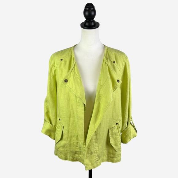 Chicos Easy Linen Jacket Chartreuse Green Open Drape Front Roll Tab Sleeve - Picture 1 of 12